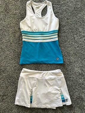 Fila White & Turquoise Racerback Tank with Matching White Skort